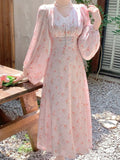 Pink Floral A-line V-neck Long Sleeve Prom Dress Party Dress HZ1024
