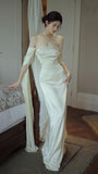 Ivory A-line Off-the-shoulder Long Sleeve Satin Backless Wedding Dress HZ1024