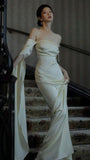 Ivory A-line Off-the-shoulder Long Sleeve Satin Backless Wedding Dress HZ1024