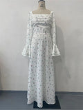 Elegant White A-Line Printed Long Sleeve Dress HZ1024