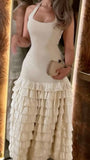 Ivory A-line halterneck tiered cake dress prom dress HZ1024