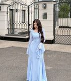 Simple Blue Square Neck Long Sleeve A-Line Formal Prom Dress Evening Gown HZ1024