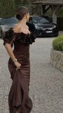 Elegant Mermaid Brown Off Shoulder Satin Floor Length Formal Prom Dress Evening Gown HZ1024