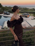 Elegant Mermaid Brown Off Shoulder Satin Floor Length Formal Prom Dress Evening Gown HZ1024