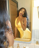 Sexy Yellow Satin Mermaid Off-the-shoulder Halter Neck Prom Party Dress HZ1024