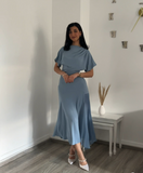 Elegant Blue A-line Chiffon Short Sleeve Tea Dress Formal Dress HZ1024