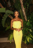 Sexy Yellow Strapless Lace Mermaid Floor Length Ball Gown Evening Dress HZ1024