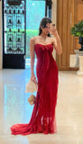 Chic Burgundy Strapless Bowknot Tulle Long Ball Gown Wedding Dress HZ1024