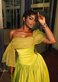 Chic Green A-Line Off-Shoulder Tulle Satin Ankle-Length Gown HZ1024