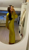 Yellow mermaid deep V neck long sleeve satin ankle length formal evening gown HZ1024