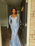 Chic Blue Mermaid Long Sleeve Butterfly Lace Floor-Mounting Ball Gown Evening Dress HZ1024