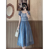 Blue Sweet A-line Short Sleeve Lace Ankle-length Dress HZ1024