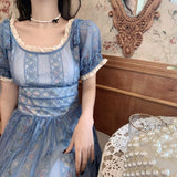 Blue Sweet A-line Short Sleeve Lace Ankle-length Dress HZ1024