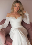 Elegant Mermaid Off-shoulder Lace Long Sleeve Satin Train Wedding Dress HZ1024