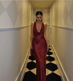 Sexy Burgundy Mermaid Deep V Neck Strapless Satin Formal Prom Dress Evening Gown HZ1024