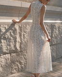 Simple A-Line High Neck Sleeveless Lace Formal Dress Evening Gown HZ1024