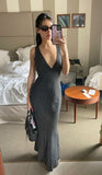 Simple Black and White Polka Dot Deep V Neck Sleeveless Mermaid Ball Gown Evening Dress HZ1024