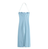 Simple Blue Halter Neck Mermaid 3D Flower Ankle-Length Ball Gown HZ1024