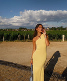 Elegant Light Yellow Mermaid One Shoulder Sleeveless Knitted Drape Long Dress HZ1024