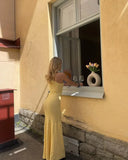 Elegant Light Yellow Mermaid One Shoulder Sleeveless Knitted Drape Long Dress HZ1024