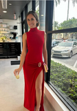 Soft Drape Red Turtleneck Sleeveless High Slit Floor Length Formal Prom Dress Evening Gown HZ1024