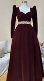 Burgundy A-Line Velvet Long Sleeve Pearl Floor Length Ball Gown Evening Gown HZ1024