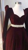Burgundy A-Line Velvet Long Sleeve Pearl Floor Length Ball Gown Evening Gown HZ1024