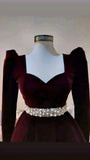 Burgundy A-Line Velvet Long Sleeve Pearl Floor Length Ball Gown Evening Gown HZ1024