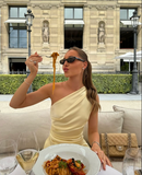 Light Yellow One Shoulder Backless Satin High Slit Ball Gown Evening Dress HZ1024