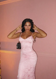 Sexy Pink Mermaid Spaghetti Strap V Neck Printed Ball Gown Evening Dress HZ1024