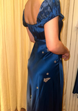 Soft Navy Short Sleeve Satin Ankle Length Ball Gown Evening Dress HZ1024