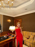 Elegant Red Strapless High Slit Mermaid Formal Prom Dress Evening Gown HZ1024