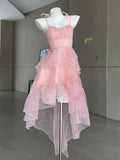 Sweet Pink Birthday Party Dress Strapless Layered High Low Homecoming Dress HZ1024