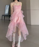Sweet Pink Birthday Party Dress Strapless Layered High Low Homecoming Dress HZ1024