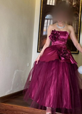 Rose Pink A-line Off-shoulder Sleeveless Satin 3D Floral Tulle Formal Prom Dress Evening Gown HZ1024