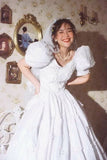 Vintage French White A-line Short Sleeve Floor Length Wedding Dress HZ1024