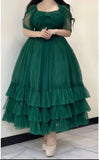 Green A-Line Short Sleeve Tulle Ankle-Length Ball Gown Evening Gown HZ1024