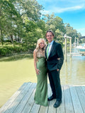 Simple Soft Satin Green Mermaid Off-the-shoulder High Slit Ball Gown Evening Dress HZ1024