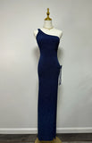 Navy Blue One Shoulder High Slit Sequin Floor Length Formal Ball Gown Evening Dress HZ1024