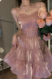 Sweet Pink A-line Spaghetti Strap Short Birthday Party Dress Homecoming Dress HZ1024