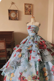 Gorgeous Blue Printed Off Shoulder Strapless Tiered Tulle Formal Ball Gown Evening Gown HZ1024