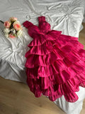 Vintage Pink V Neck Layered Tea Length Evening Gown Homecoming Dress HZ1024