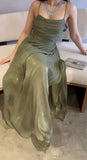Elegant Green A-line Slit Spaghetti Strap Long Formal Prom Dress Evening Gown HZ1024