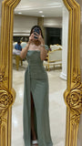 Green Short Sleeve Skinny High Slit Long Ball Gown Bridesmaid Dress HZ1024