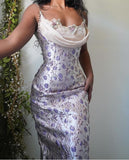 Vintage Purple Mermaid Strap Printed Ball Gown Evening Dress HZ1024