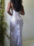 Vintage Purple Mermaid Strap Printed Ball Gown Evening Dress HZ1024
