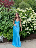Blue Long Straps Sweetheart Party Dress Formal Dress, Blue Satin Evening Dress HZ1024