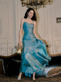 Blue Mermaid Long Sweetheart Floor Length Party Dress, Blue Satin Prom Dress HZ1024