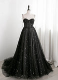Charming Black Sweethart Tulle Straps A-line Long Formal Dress, Black Prom Dress HZ1024