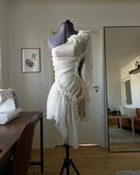 Chic White One Shoulder Irregular Hem Ruffled Mini Party Dress Prom Dress HZ1024